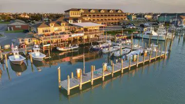 Sunset view of Oden's Dock marina at Hatteras Island on the Outer Banks of North Carolina.